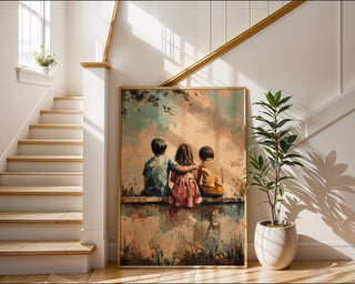 Sunset Playground Friendship Print – Whimsical Kids Sitting Poster - Just Great Posters