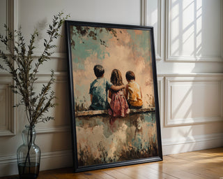 Sunset Playground Friendship Print – Whimsical Kids Sitting Poster - Just Great Posters