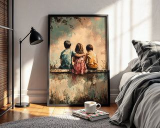 Sunset Playground Friendship Print – Whimsical Kids Sitting Poster - Just Great Posters