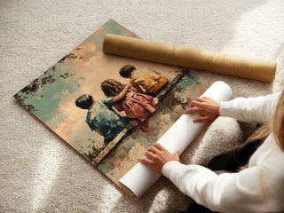 Sunset Playground Friendship Print – Whimsical Kids Sitting Poster - Just Great Posters