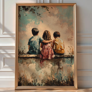 Sunset Playground Friendship Print – Whimsical Kids Sitting Poster - Just Great Posters