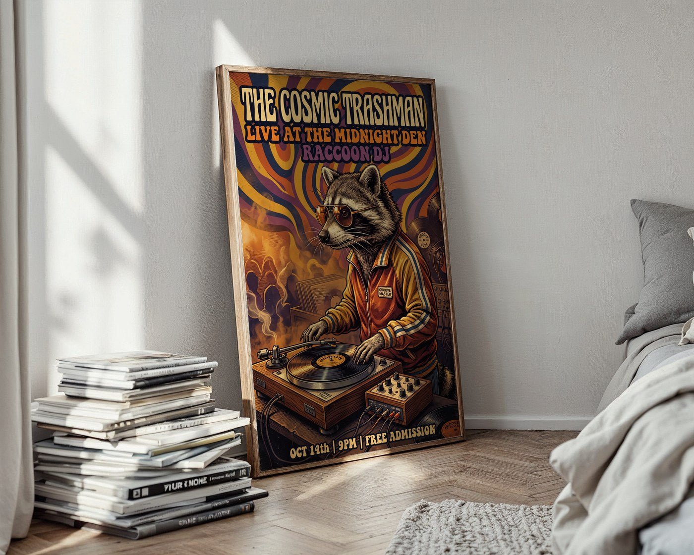 Cosmic Vinyl Raccoon Poster – 70s Funk Wall Art Print — styled-wall