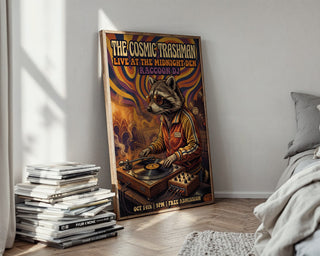 Cosmic Vinyl Raccoon Poster – 70s Funk Wall Art Print — styled-wall