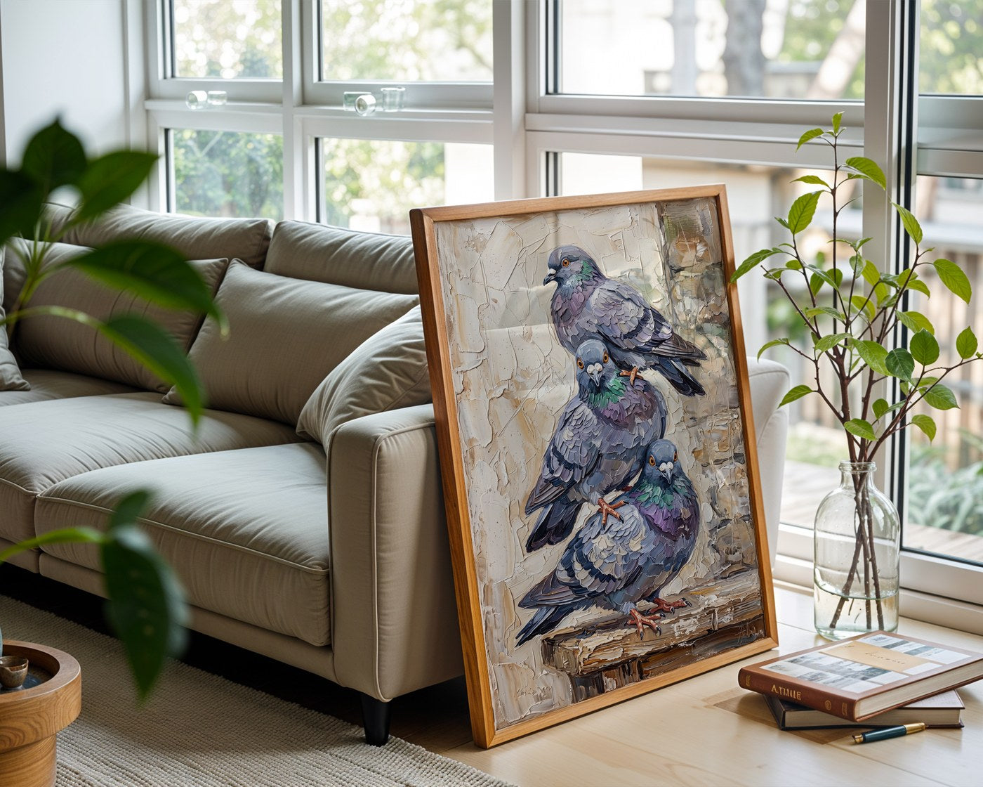 Pigeon Trio Portrait Poster – Rustic Impasto Bird Wall Art — frame-426
