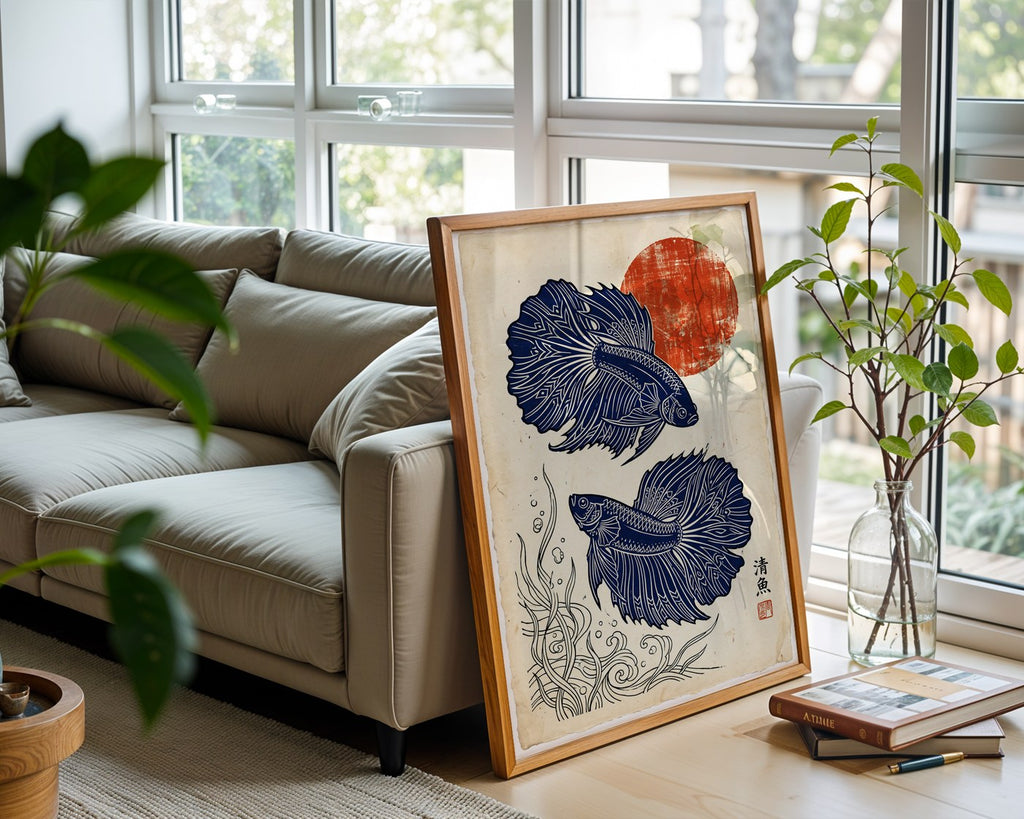Betta Fish Poster – Japanese Linocut Wall Art Print — frame-426