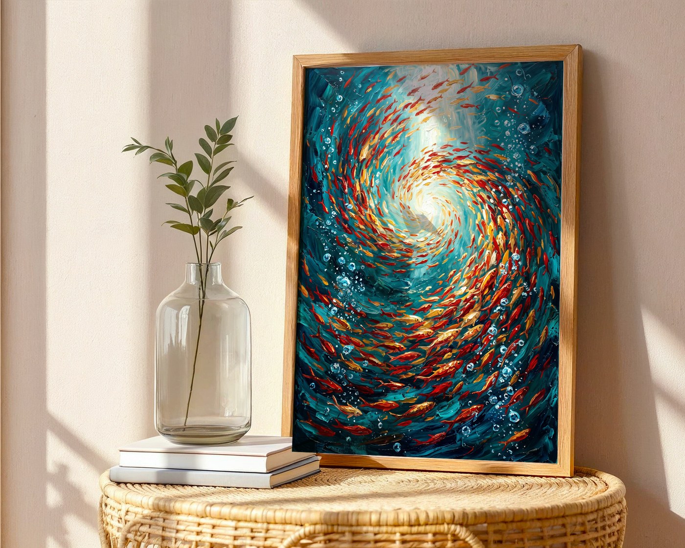 Red and Gold Fish Vortex Poster – Expressive Oil Painting Wall Art — frame-486