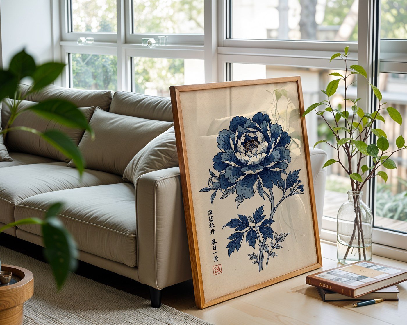 Japanese Blue Peony Poster – Indigo Ukiyo-e Wall Art Print — frame-426