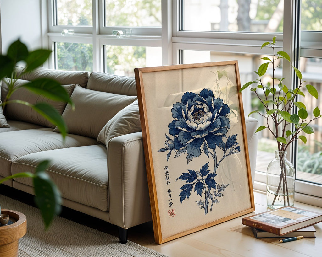 Japanese Blue Peony Poster – Indigo Ukiyo-e Wall Art Print — frame-426