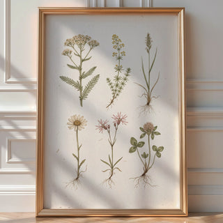 Wild Meadow Herbarium Poster – Muted Watercolour Wall Art Print — room-portrait