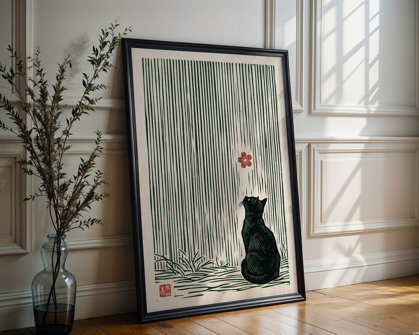 Cat and Cherry Blossom – Shin-hanga Style Art Print — frame-286