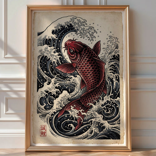 Ascending Koi Poster – Japanese Red Fish Wall Art Print — room-portrait