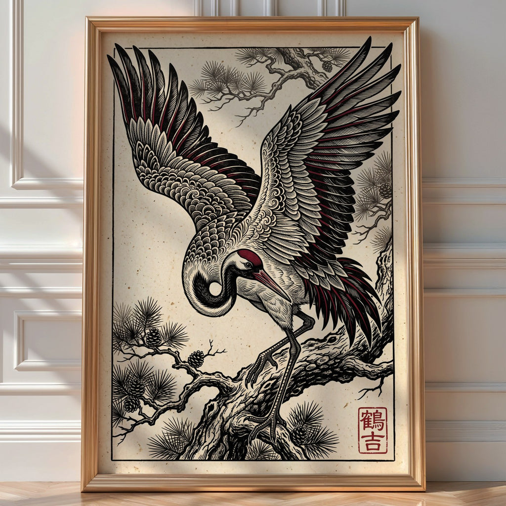 Majestic Crane Poster – Red Japanese Bird Wall Art Print — room-portrait