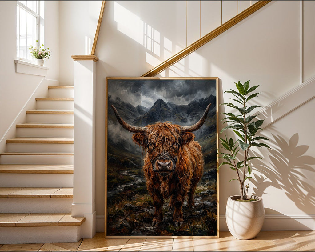 Highland Cow Poster – Moody Scottish Landscape Wall Art Print — frame-267