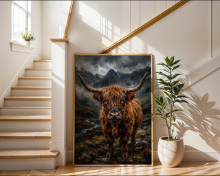 Highland Cow Poster – Moody Scottish Landscape Wall Art Print — frame-267