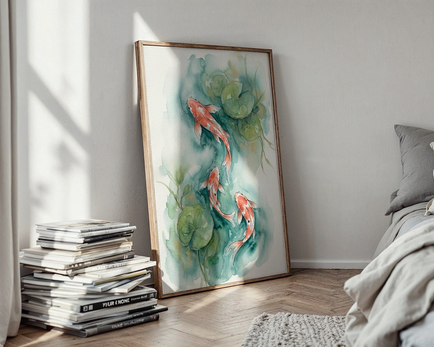 Teal Lotus Koi Poster – Watercolor Wall Art Print — styled-wall
