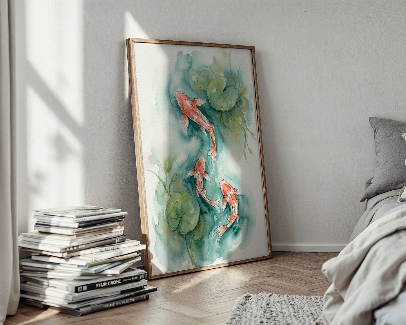 Teal Lotus Koi Poster – Watercolor Wall Art Print — styled-wall