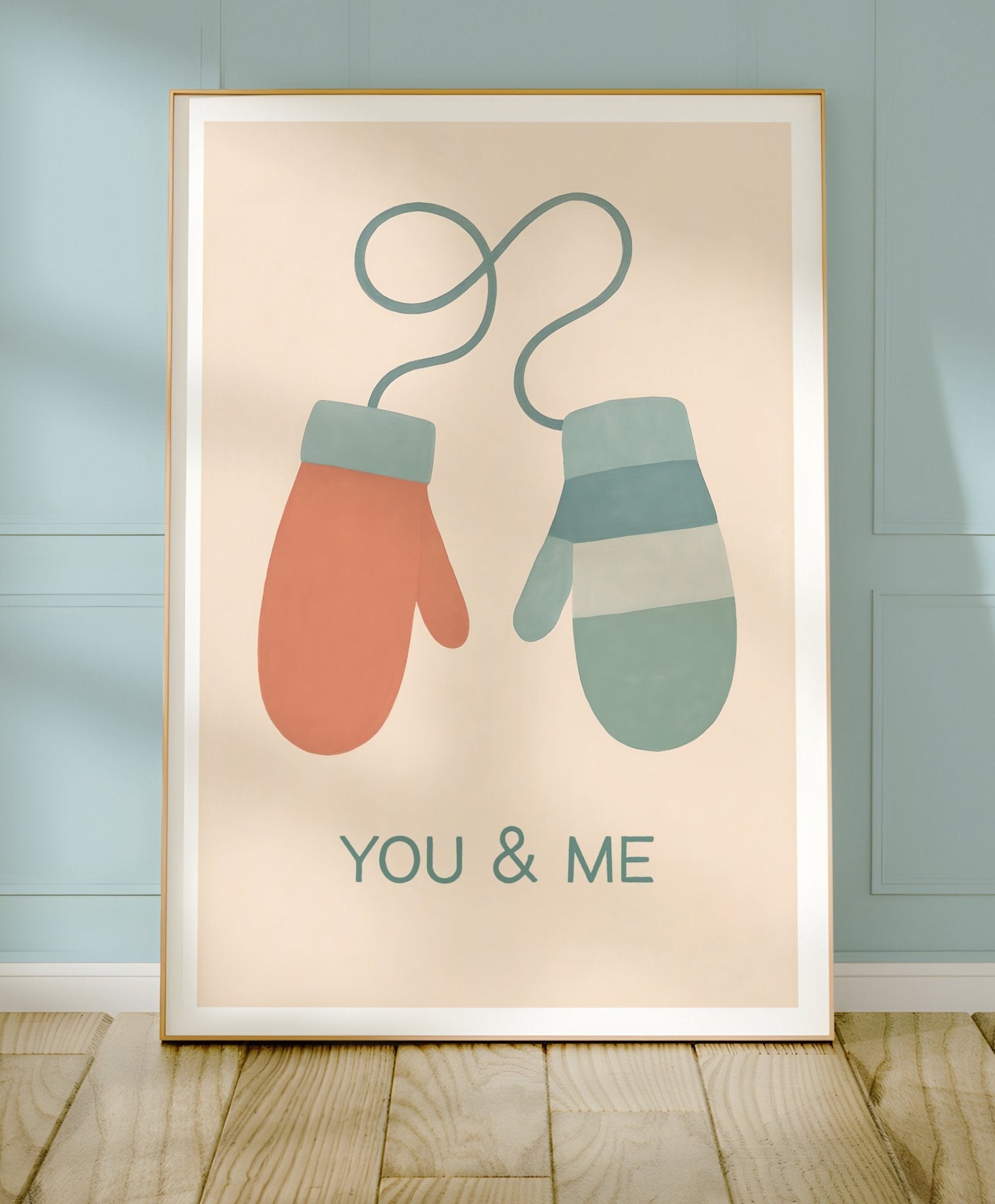 Close-up view of the You & Me Mittens poster