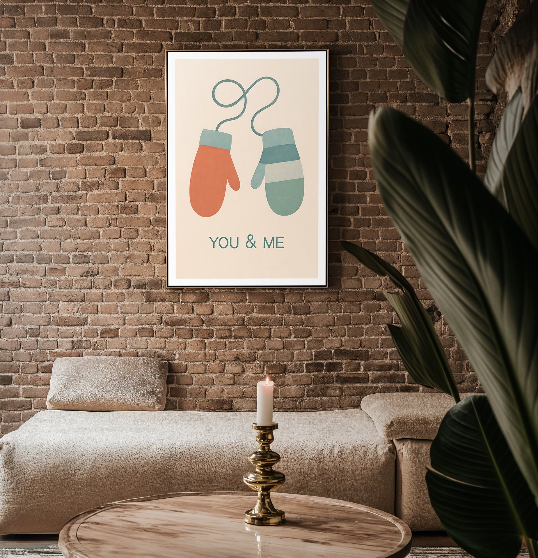 You & Me Mittens poster mockup shown on a gallery wall