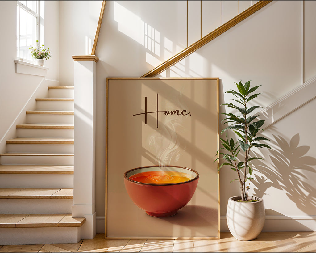 Home. Steaming Soup Bowl Poster – Minimalist Comfort Kitchen Wall Art - Just Great Posters