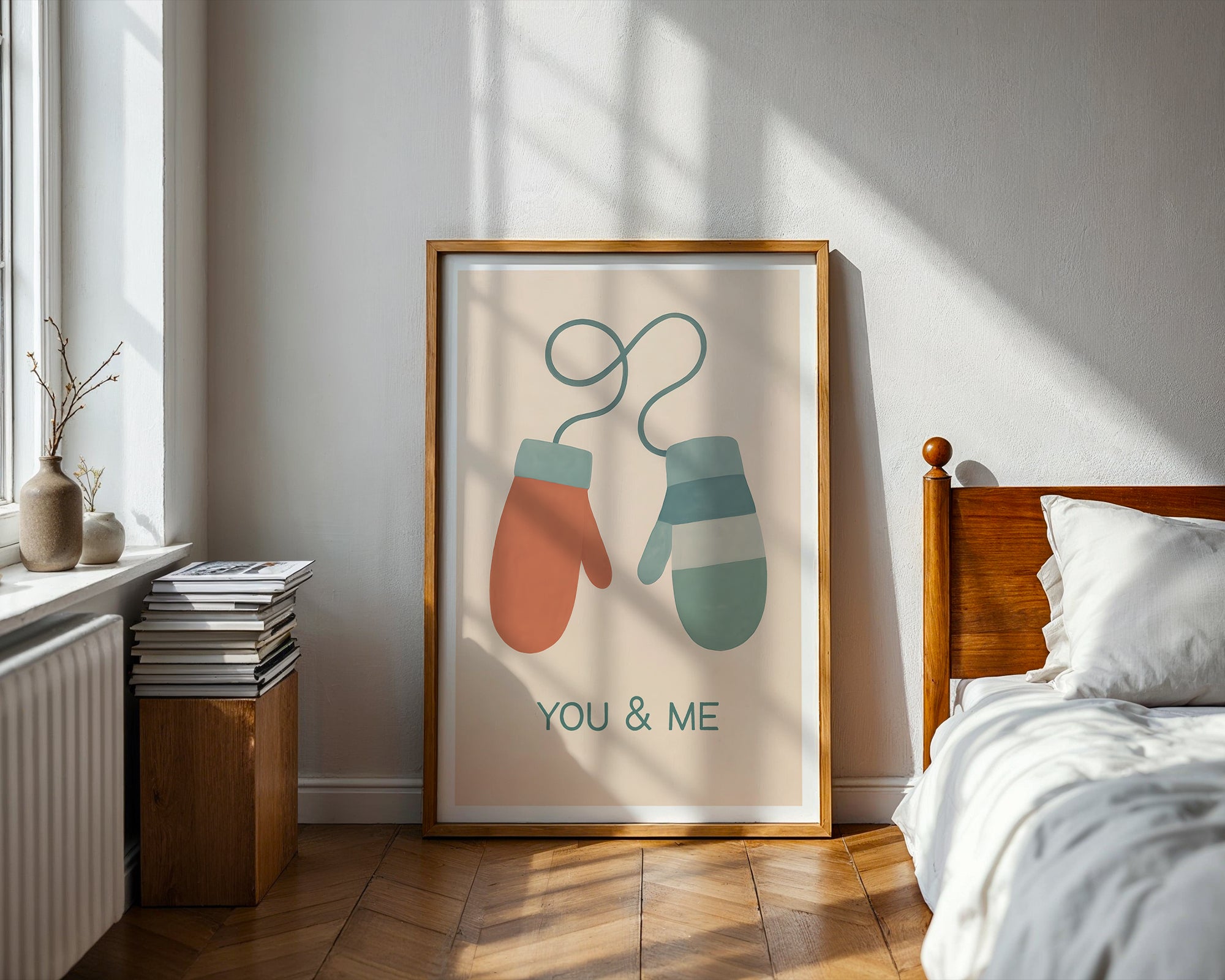 You & Me Mittens poster mockup in a modern room setting