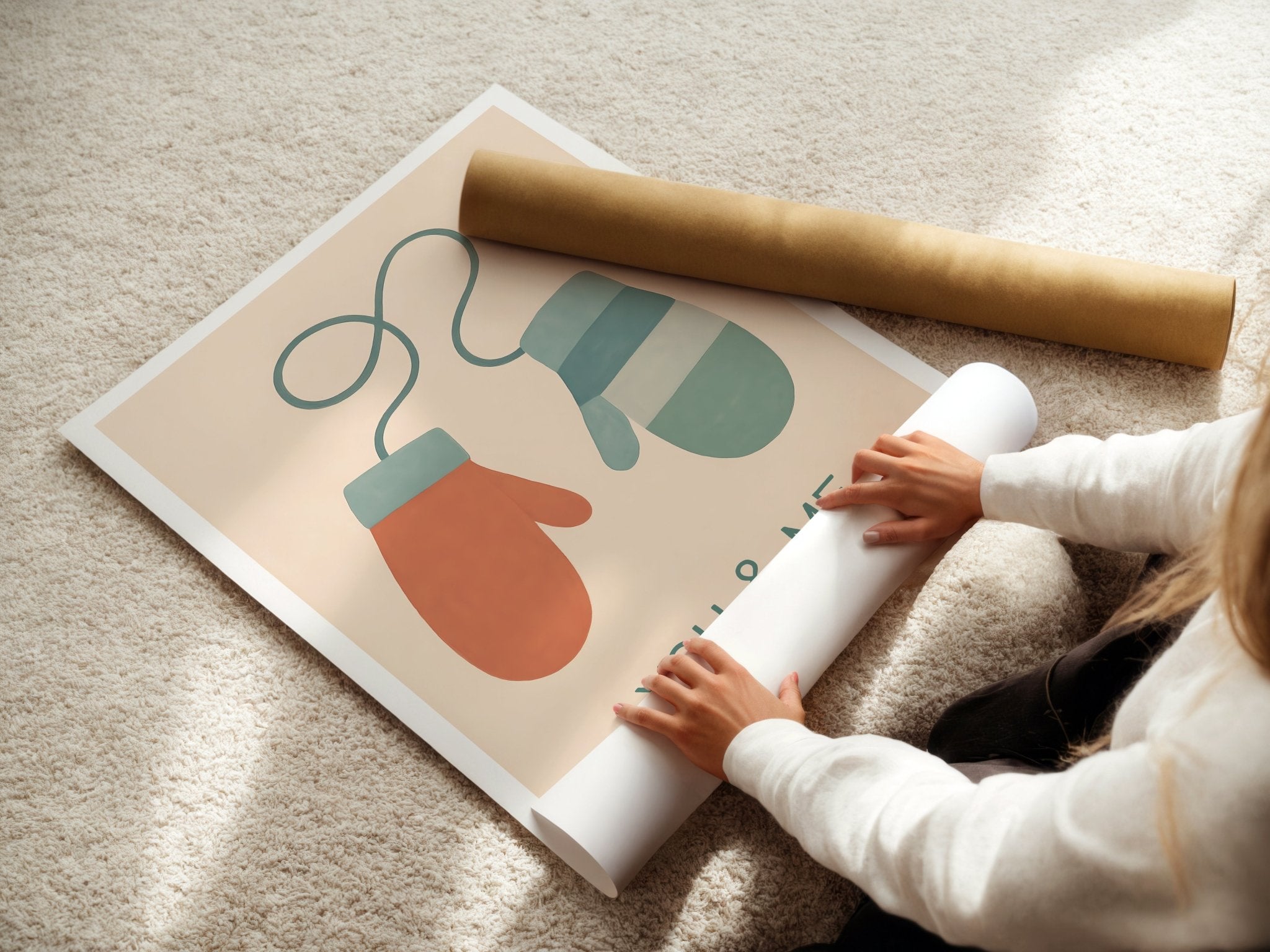 You & Me Mittens poster displayed in a styled room setting