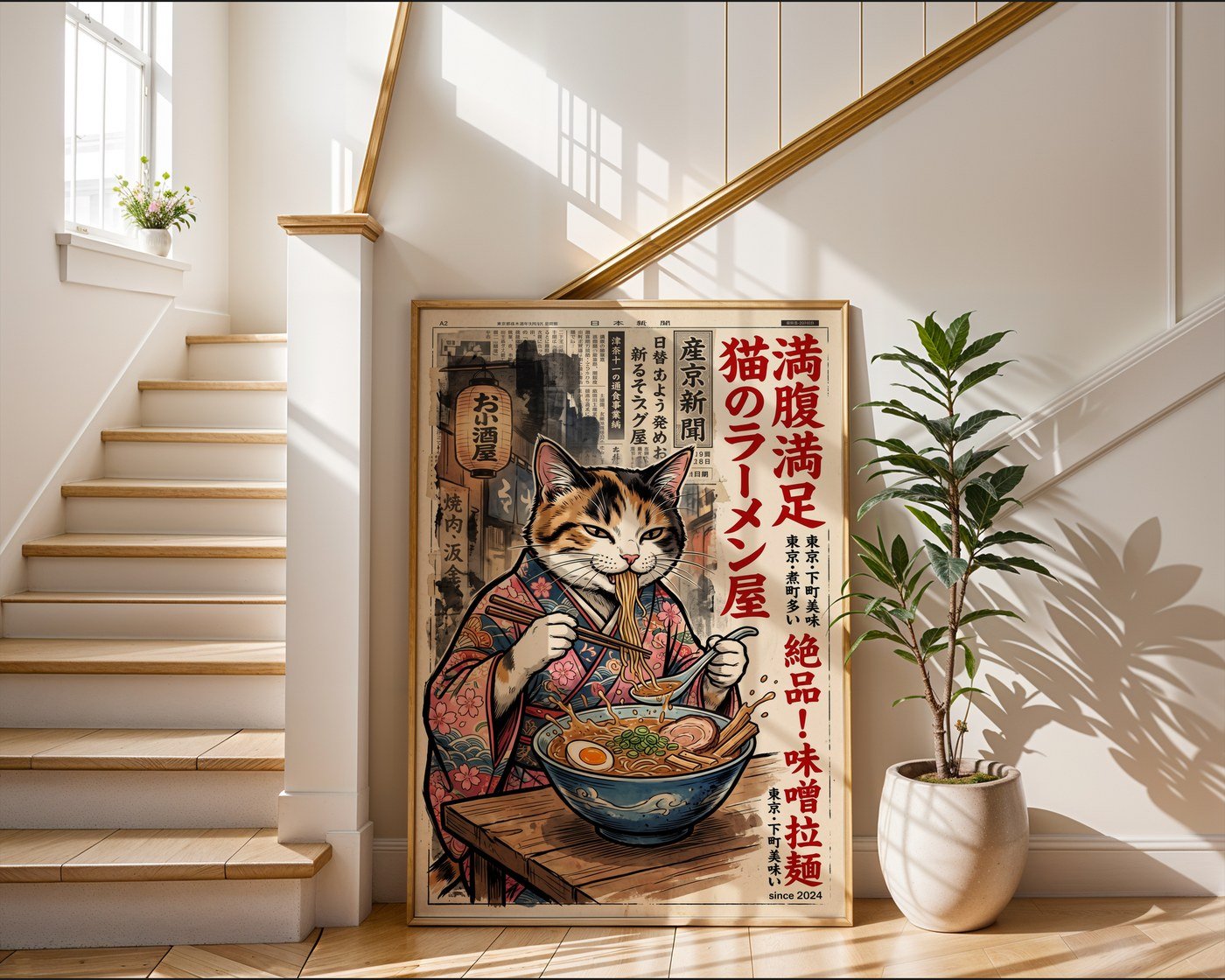 Ramen Cat Poster – Japanese Ink Illustration Wall Art Print — frame-267
