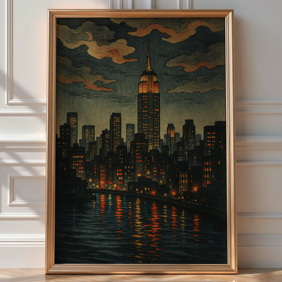 New York City Night Skyline Poster | Moody Empire State Building Wall Art with River Lights | Retro Urban Print | Bold Art Always - Just Great Posters