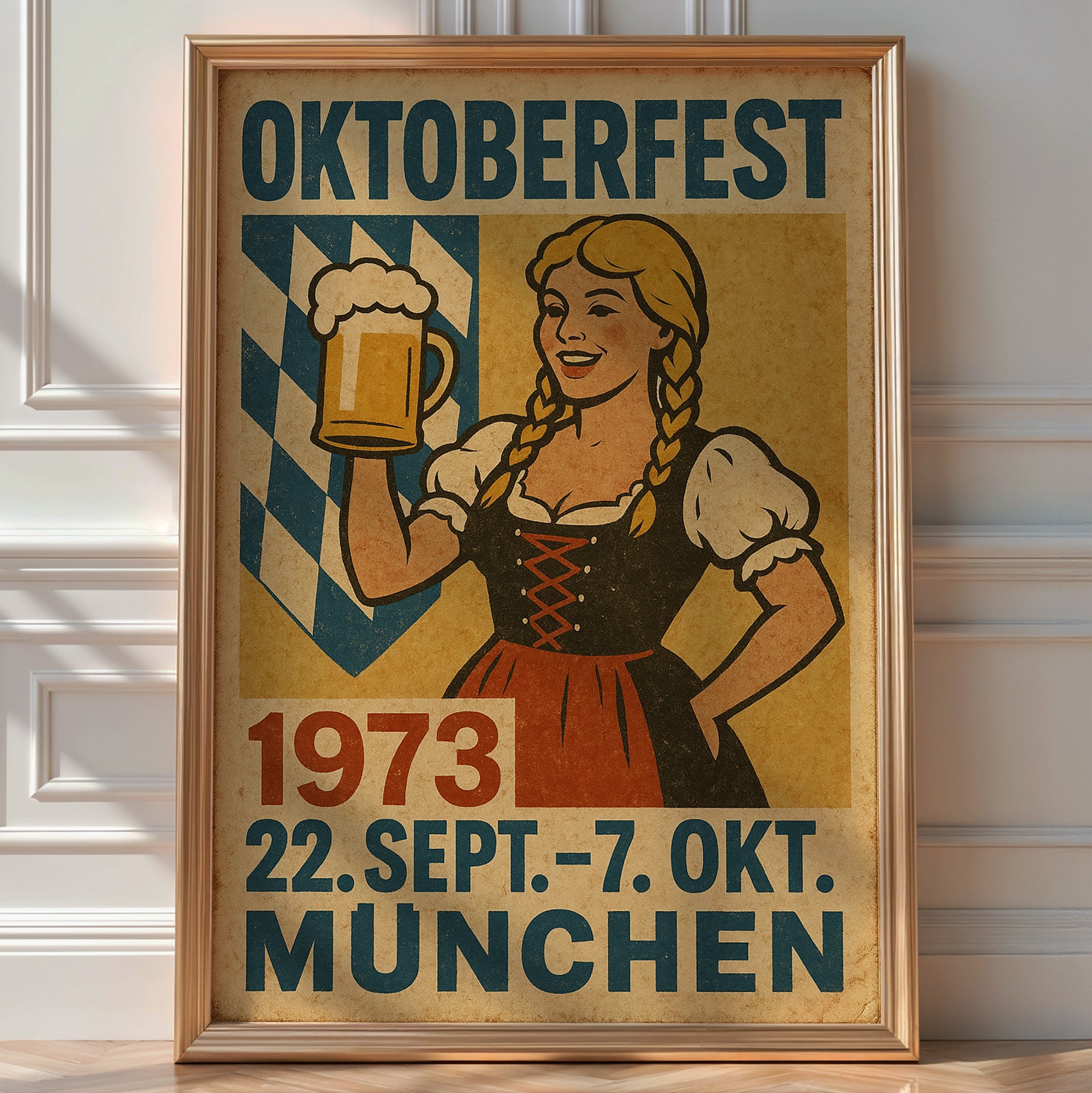 Framed vintage Oktoberfest 1973 poster, dirndl-clad woman holding a beer stein, Bavarian blue and gold design