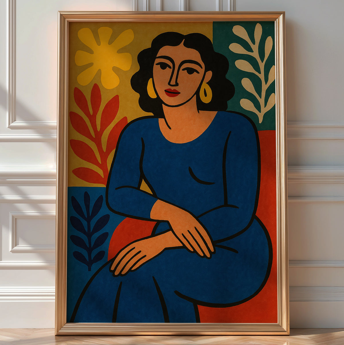 Modern Woman Art Print – Matisse Style Bold Female Portrait with Abstract Leaves, Gallery Wall or Boho Home Decor Poster - Just Great Posters