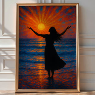 Sunset Ocean Silhouette Wall Art – Radiant Woman at Sea in Golden Hour Light, Spiritual Coastal Print for Calm Decor, Bold Art - Just Great Posters
