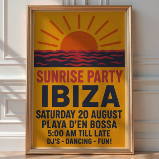 Ibiza Sunrise Party Poster – Retro Club Wall Art with Sun, Sea and Dancefloor Vibes, Bold Travel Print for DJs & Ravers, Bold Art - Just Great Posters