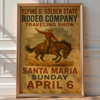 Flying U Rodeo Poster – Vintage Western Cowboy Wall Art with Bronco Rider & Aged Typography, Americana Decor Print, Bold Art - Just Great Posters