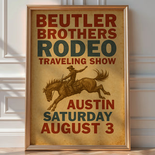 Beutler Brothers Rodeo Poster – Vintage Cowboy Bronco Wall Art from Texas Tour Show, Western Typography Print, Bold Art - Just Great Posters