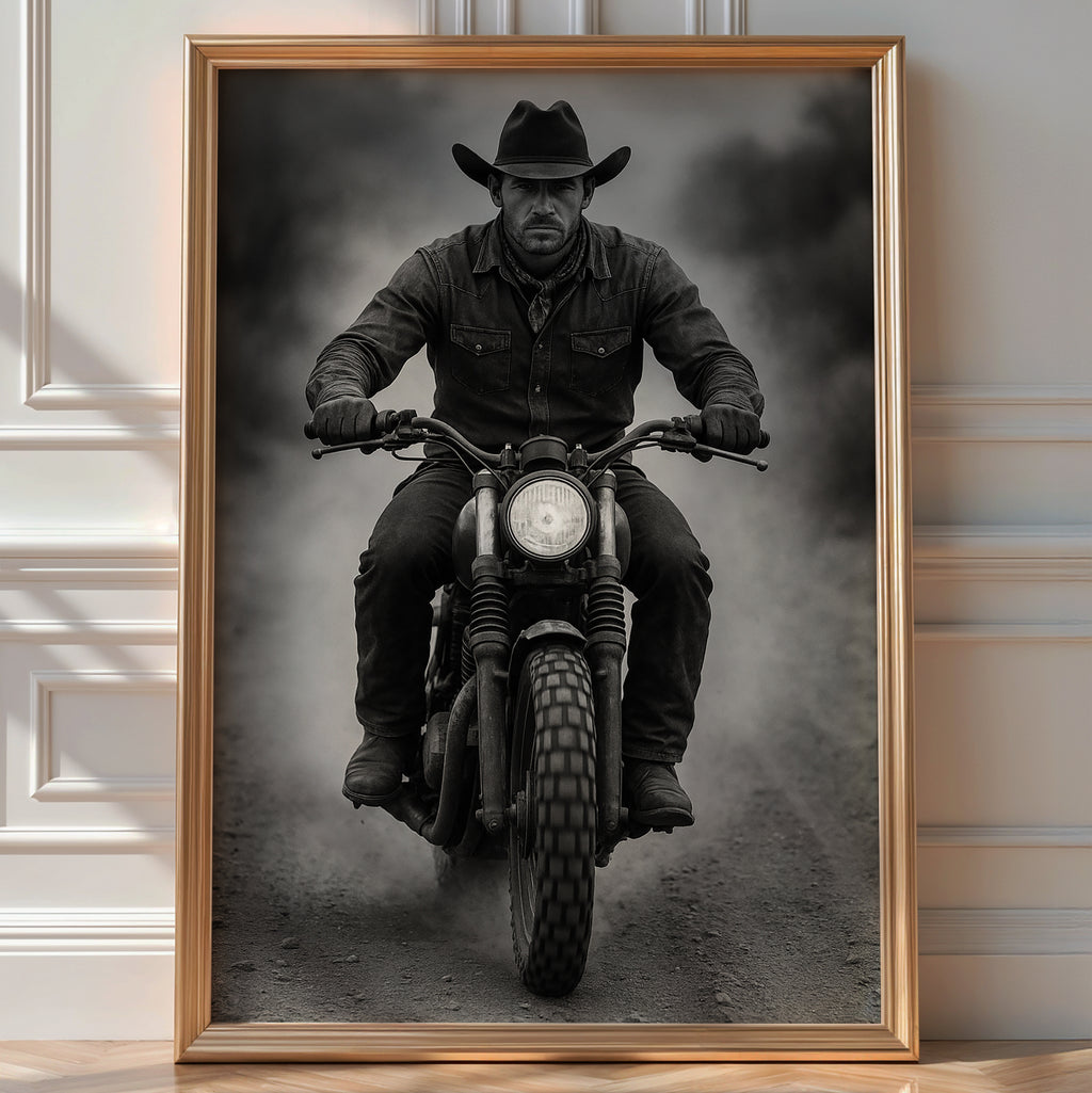 Cowboy Motorcycle Wall Art – Black & White Biker Photography Print, Western Rider Portrait for Modern Rustic Decor, Bold Art - Just Great Posters