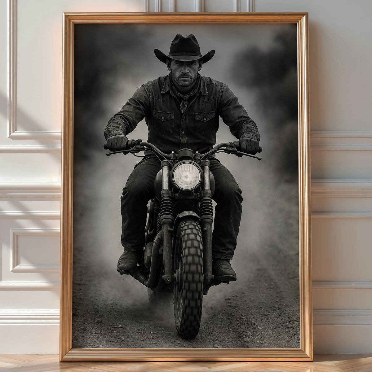 Cowboy Motorcycle Wall Art – Black & White Biker Photography Print, Western Rider Portrait for Modern Rustic Decor, Bold Art - Just Great Posters