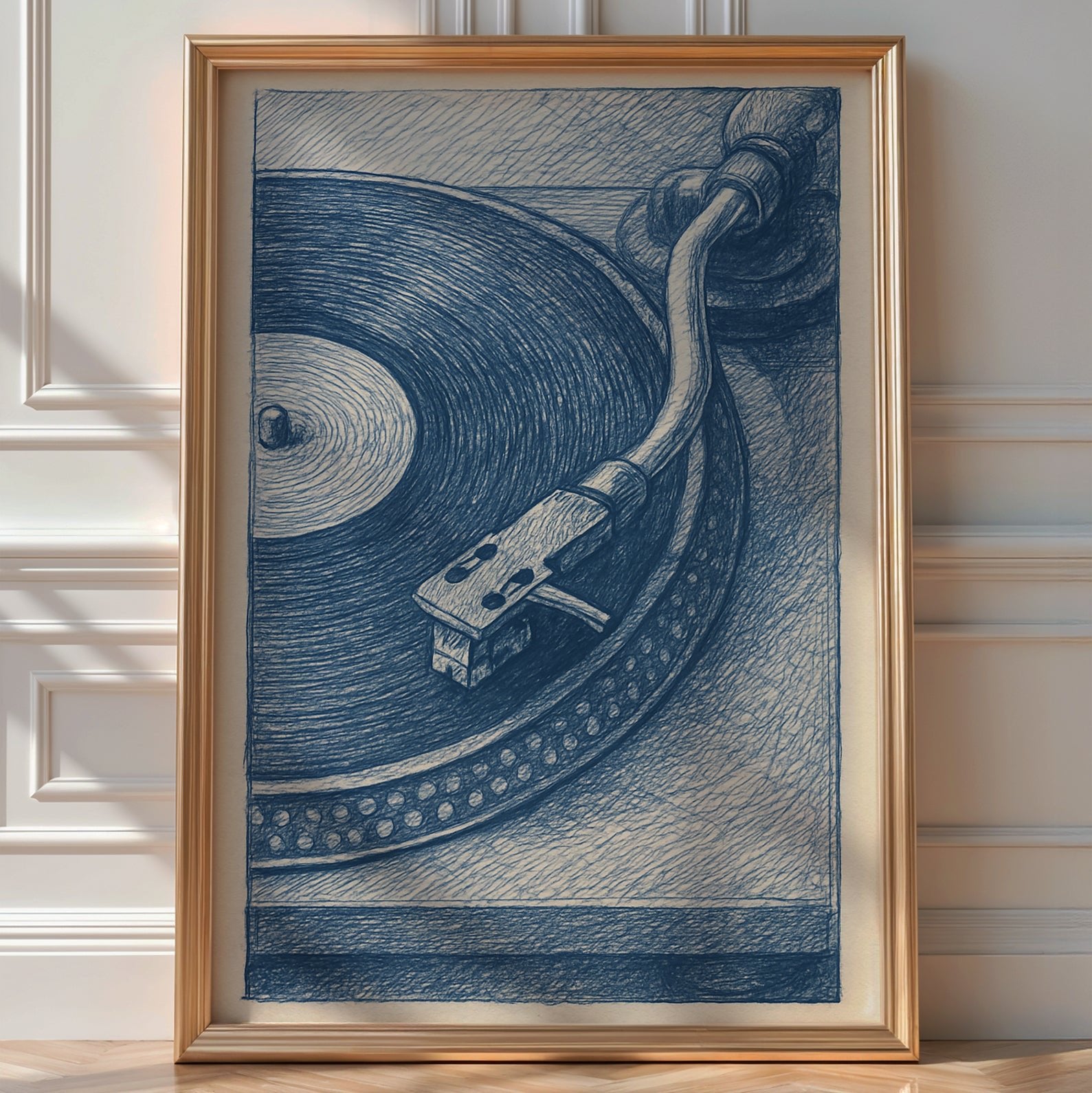 Turntable Record Player Poster – Vintage Vinyl Wall Art, Blue Ink Drawing Style Music Print for DJs, Audiophiles, and Retro Home Decor - Just Great Posters