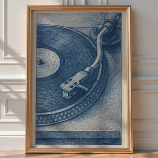 Turntable Record Player Poster – Vintage Vinyl Wall Art, Blue Ink Drawing Style Music Print for DJs, Audiophiles, and Retro Home Decor - Just Great Posters