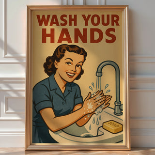 Wash Your Hands Bathroom Poster – Funny Vintage Style Wall Art for Kitchen or Restroom Decor, Midcentury Modern Home Print - Just Great Posters