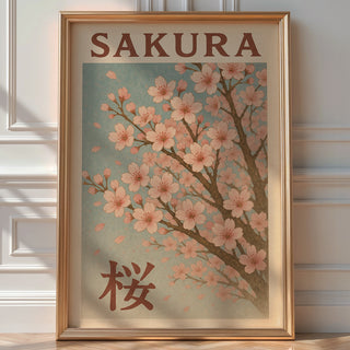 Sakura Cherry Blossom Poster – Vintage Japanese Spring Wall Art, Soft Pink Floral Print with Kanji for Zen, Japandi or Calm Nature Decor - Just Great Posters