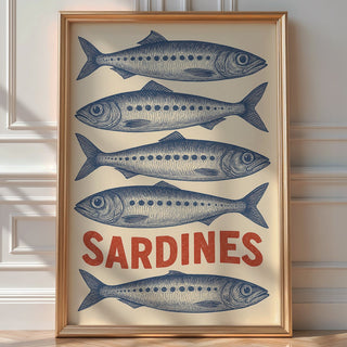 Sardines Vintage Wall Art – Retro Seafood Poster, Blue Ink Kitchen Decor for Chefs, Foodies, or Nautical Coastal Style Homes and Cafés - Just Great Posters