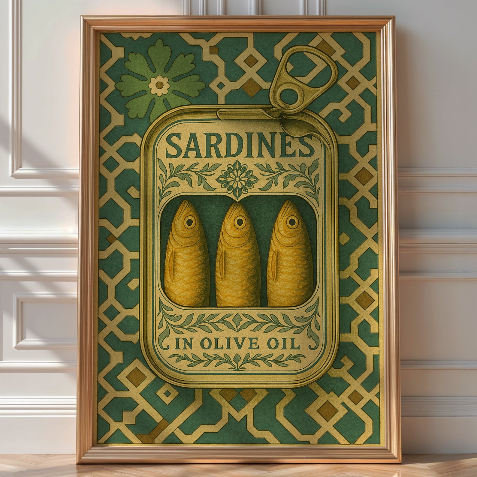 Sardine Tin Poster – Ornate Vintage Food Packaging Wall Art, Bold Kitchen Decor for Mediterranean Homes, Foodies or Cooks - Just Great Posters