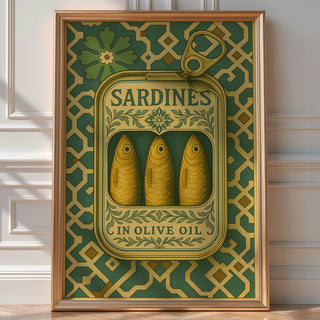 Sardine Tin Poster – Ornate Vintage Food Packaging Wall Art, Bold Kitchen Decor for Mediterranean Homes, Foodies or Cooks - Just Great Posters