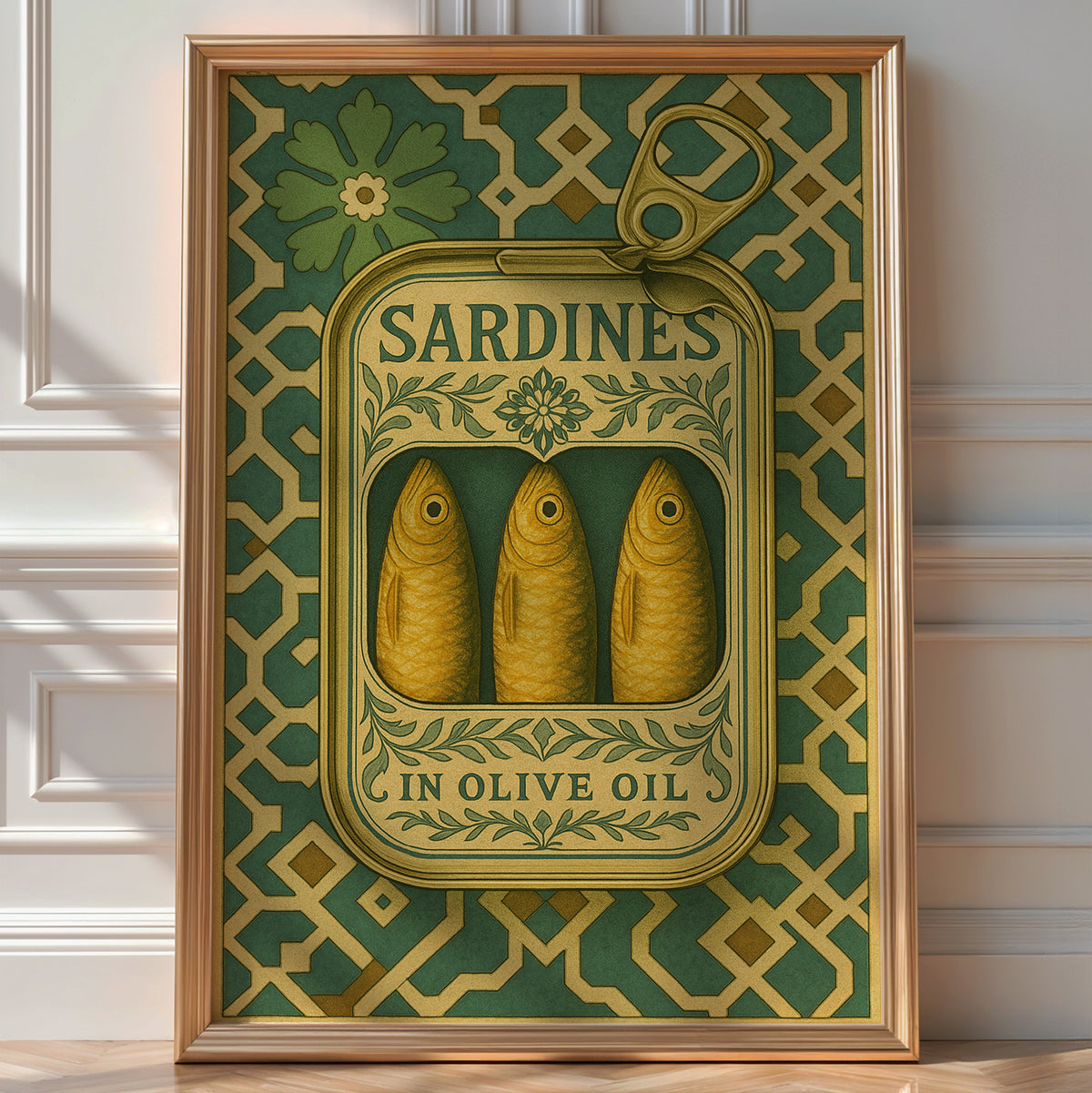 Sardine Tin Poster – Ornate Vintage Food Packaging Wall Art, Bold Kitchen Decor for Mediterranean Homes, Foodies or Cooks - Just Great Posters