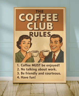 Retro Coffee Club Rules Poster – Vintage Café Wall Art, Funny Coffee Bar Decor, Kitchen Humor Print, Coffee Lover Gift, Free Shipping Always - Just Great Posters