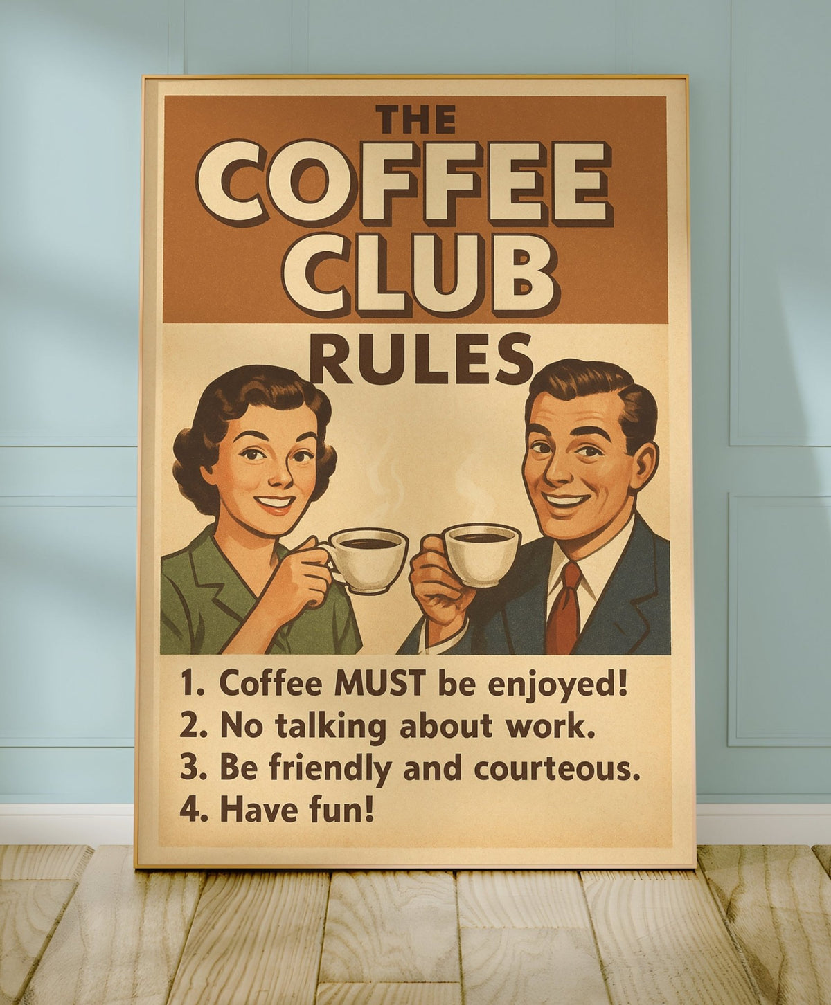Retro Coffee Club Rules Poster – Vintage Café Wall Art, Funny Coffee Bar Decor, Kitchen Humor Print, Coffee Lover Gift, Free Shipping Always - Just Great Posters
