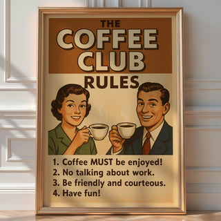 Retro Coffee Club Rules Poster – Vintage Café Wall Art, Funny Coffee Bar Decor, Kitchen Humor Print, Coffee Lover Gift, Bold Art Always - Just Great Posters