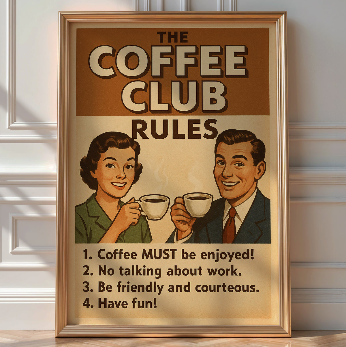 Retro Coffee Club Rules Poster – Vintage Café Wall Art, Funny Coffee Bar Decor, Kitchen Humor Print, Coffee Lover Gift, Bold Art Always - Just Great Posters