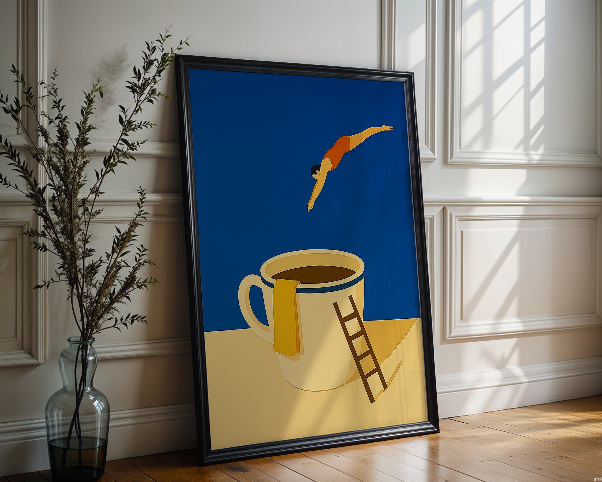 Coffee Dive Wall Art – Surreal Minimalist Poster for Caffeine Lovers & Dreamers - Just Great Posters