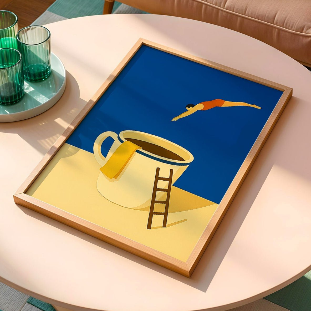 Coffee Dive Wall Art – Surreal Minimalist Poster for Caffeine Lovers & Dreamers - Just Great Posters