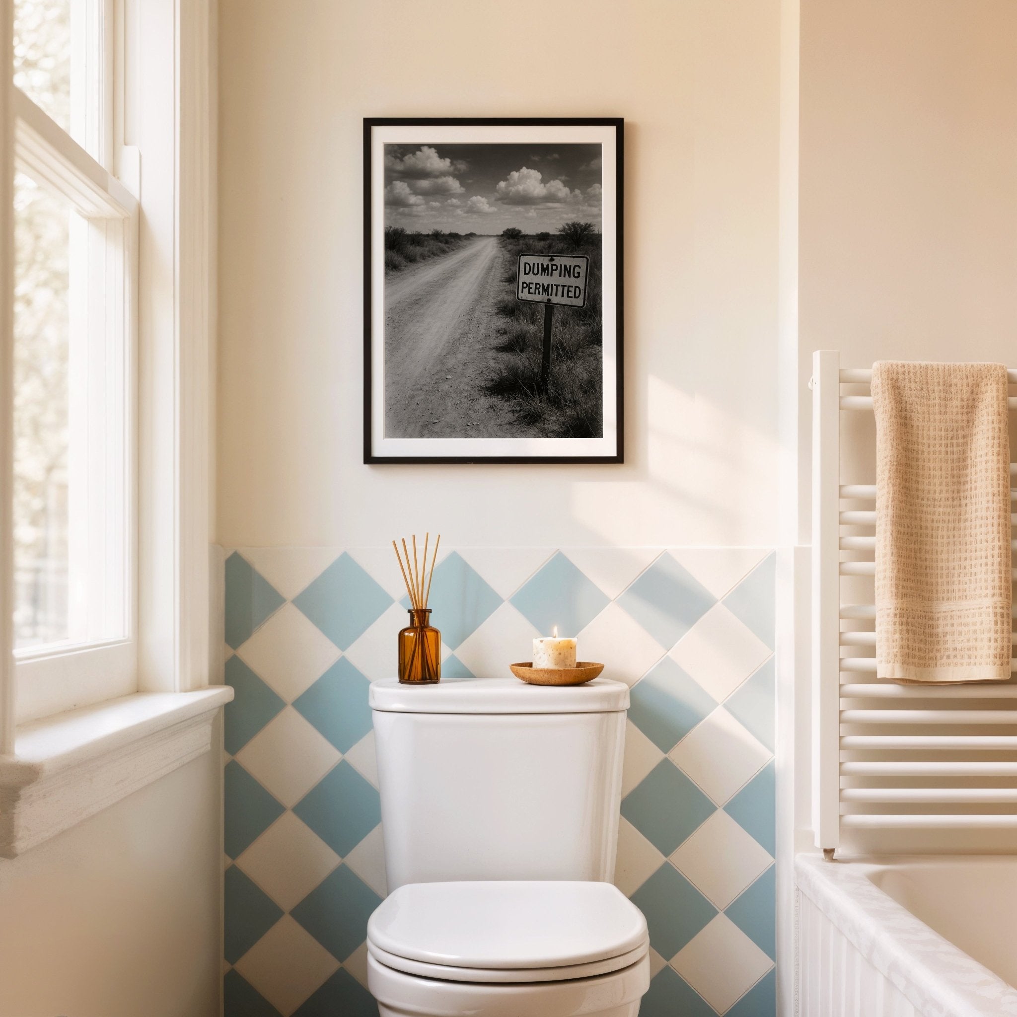 “Dumping Permitted” Funny Bathroom Poster – Retro Desert Sign Print for Loo Laughs - Just Great Posters